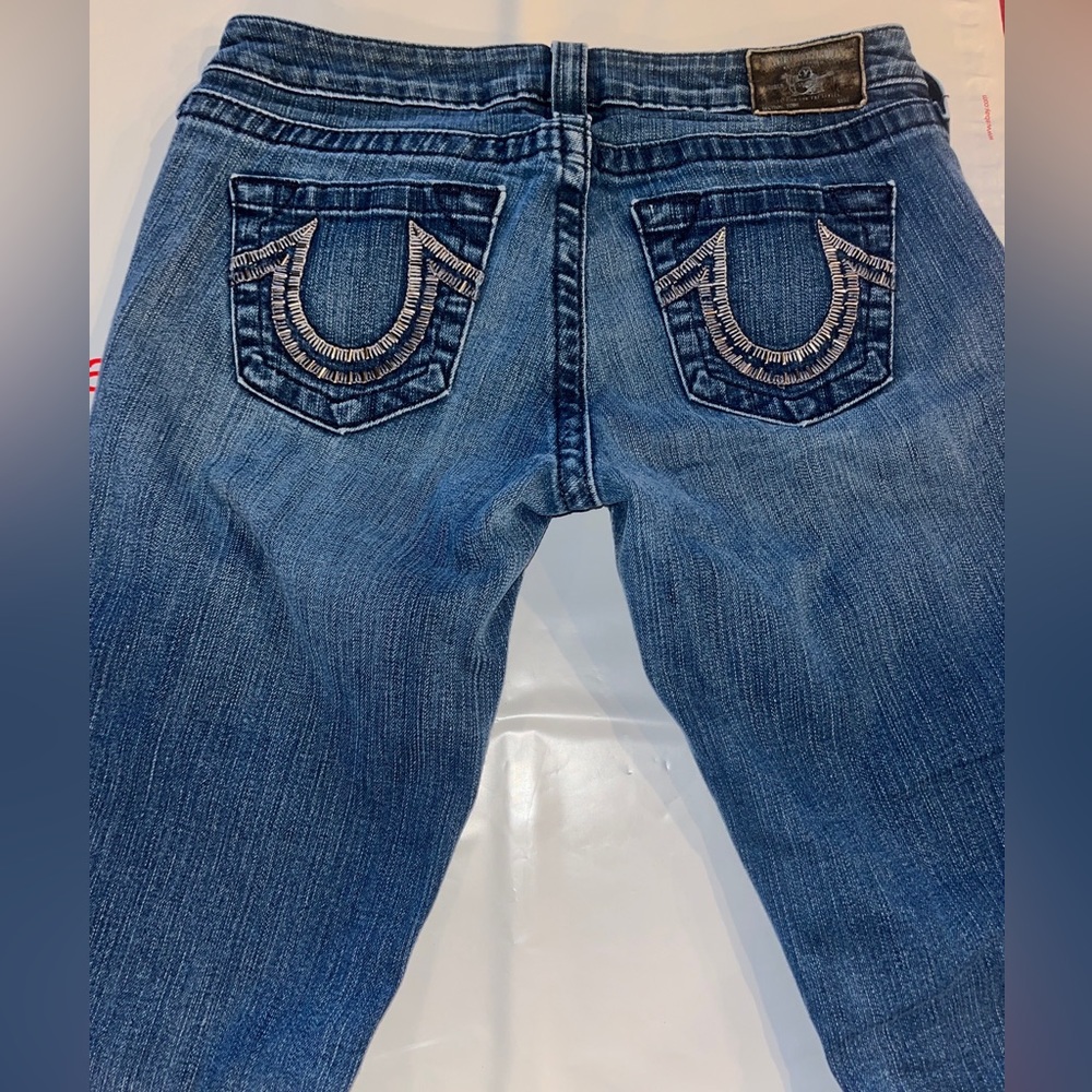 True Religion TORY Boot Cut BLUE Jeans HORSESHOE Silver Studded Pocket Womens 28